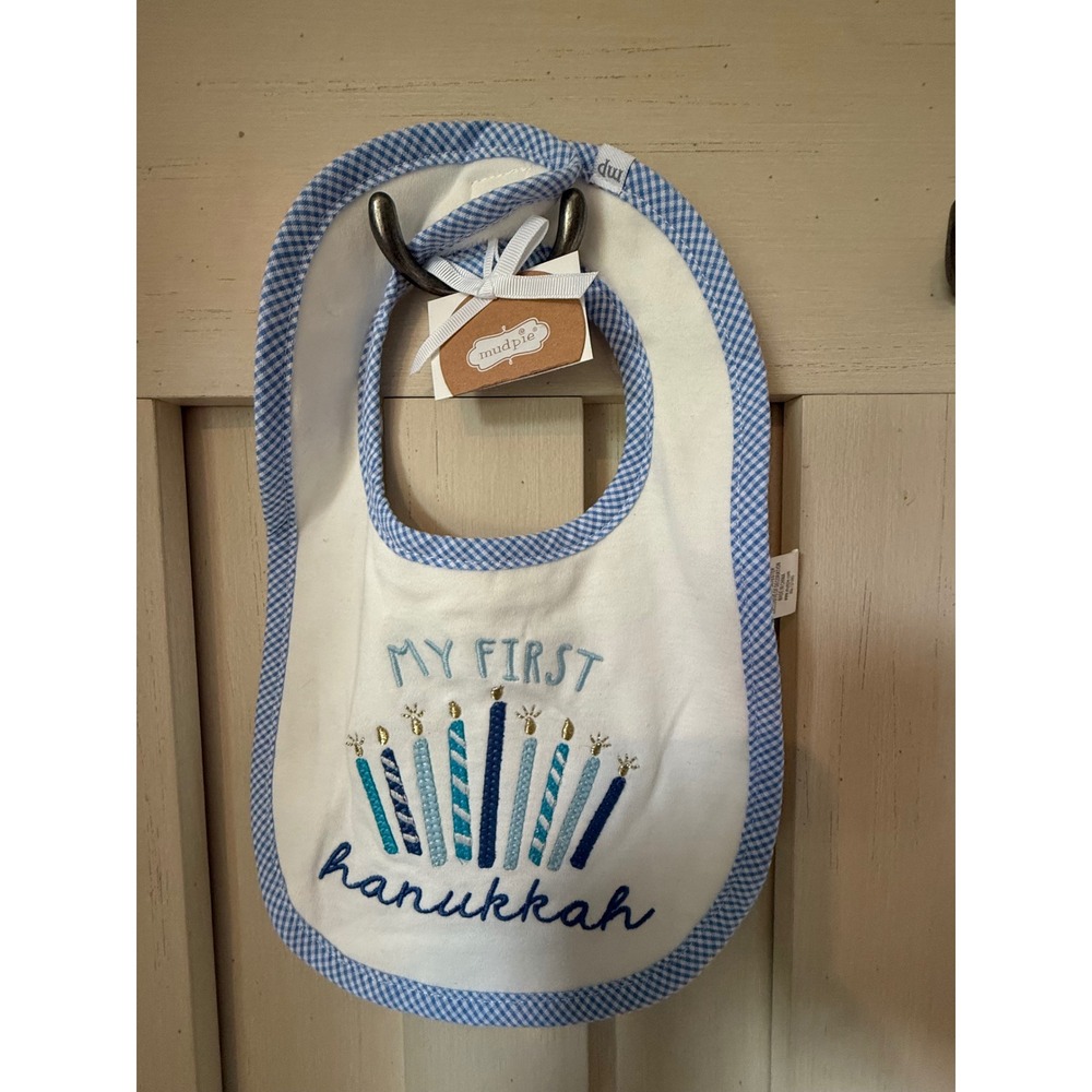 Mud Pie My First Hanukkah Baby Bib Blue Gingham Minky Dot White NWT